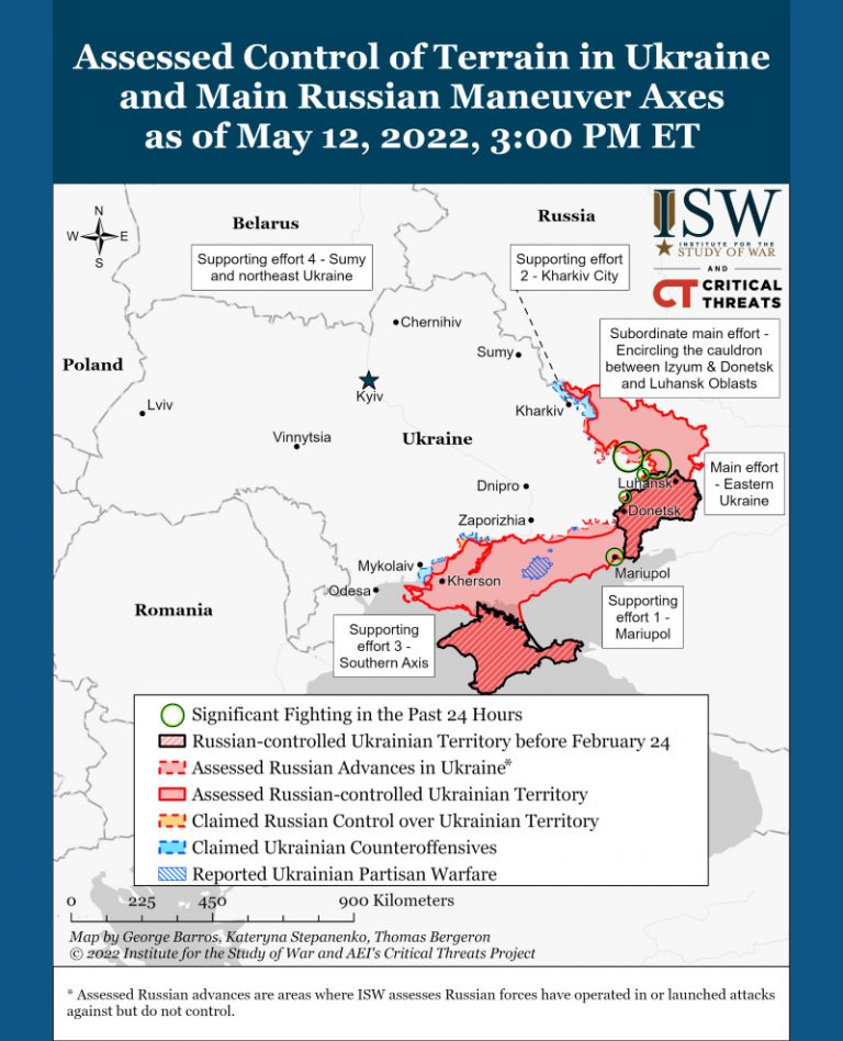 Наступ росіян “захлинувся” на ключовому напрямі: карти боїв в Україні на 13 травня